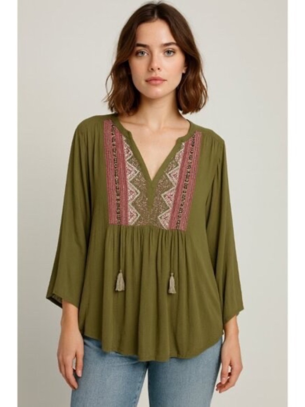 NWT Frye and Co. Women's Embroidered Top XL Boho Green Split Tie Neck Festival
